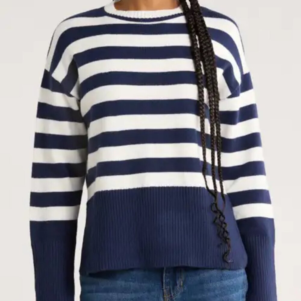 Vigoss Blue White Stripe Side Slit Nautical Preppy Sweater sz L NWT